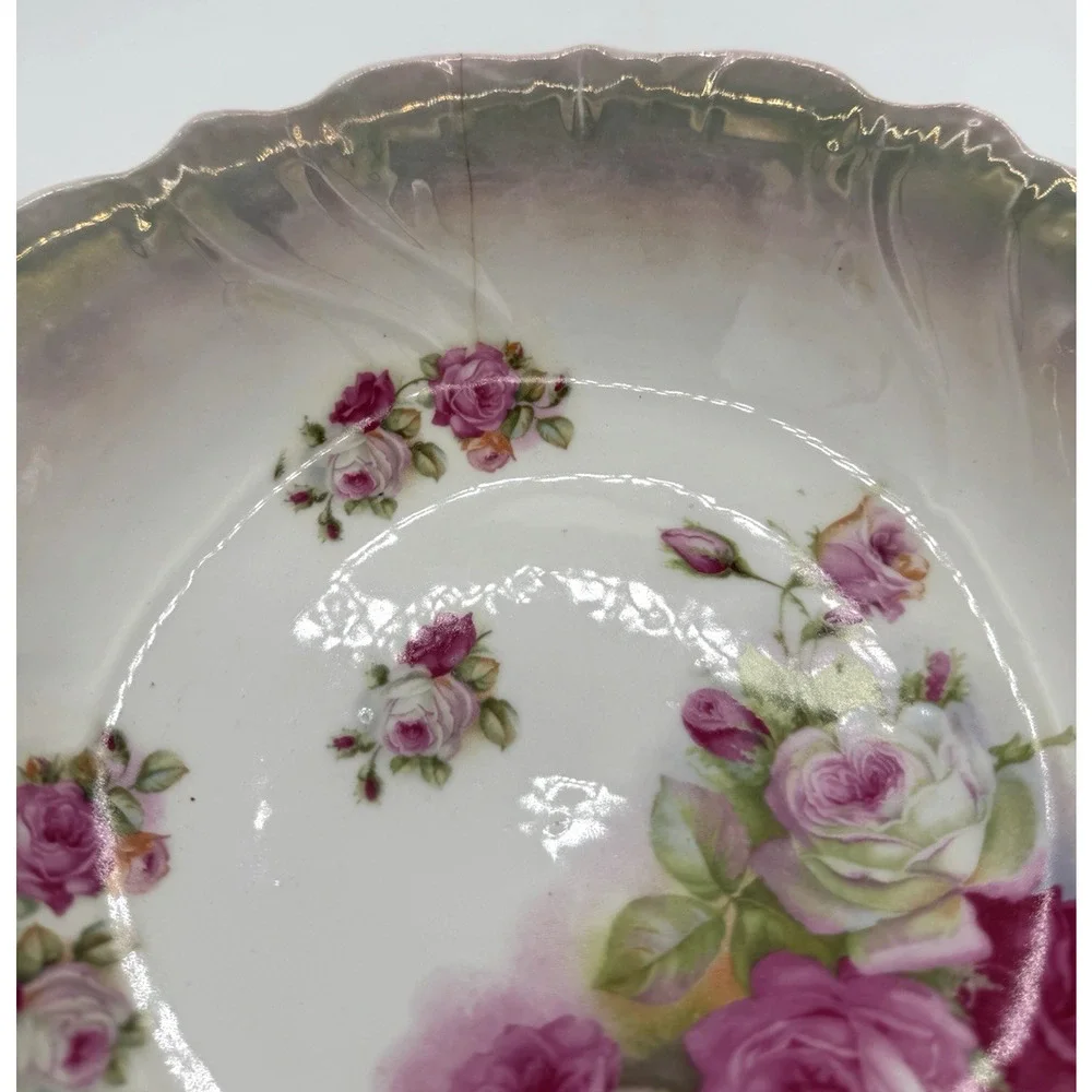 Vtg German‎ Lusterware Porcelain Serving Bowl Floral Cabbage Rose Grannycore 9